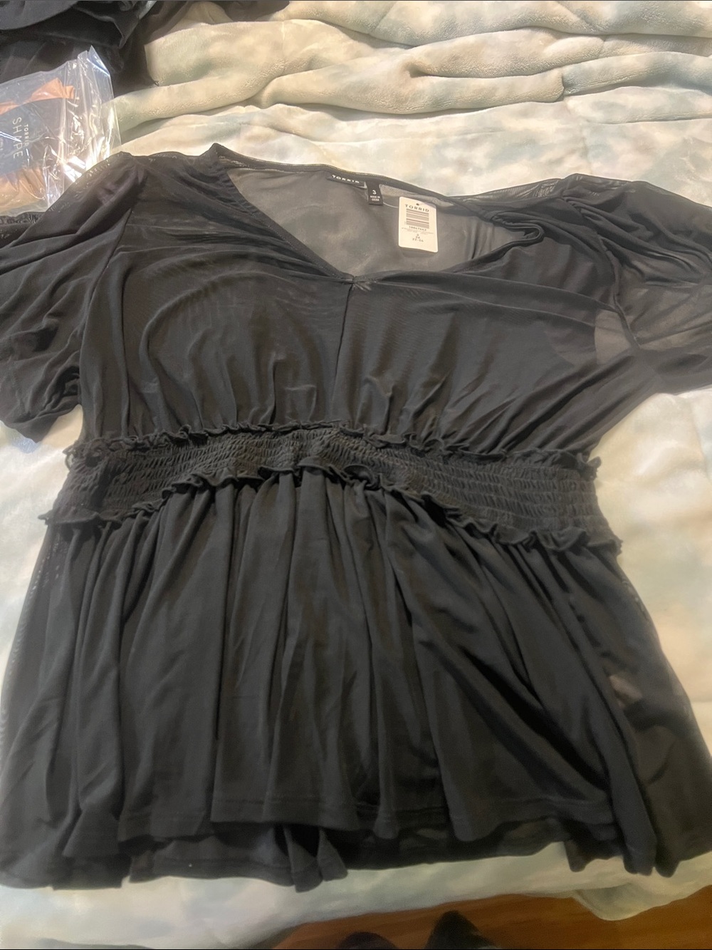 torrid Black Smocked-Waist Short Sleeve V-Neck Top